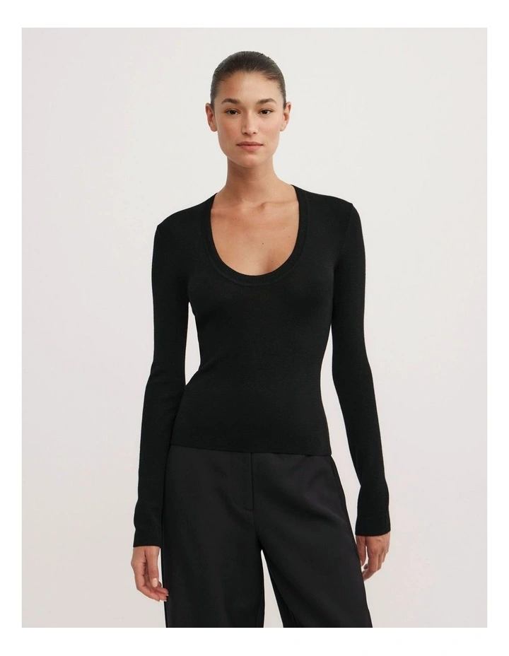 Merino Scoop Neck Knit Top in Black image 1