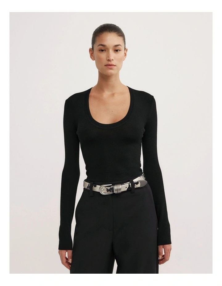 Merino Scoop Neck Knit Top in Black image 4