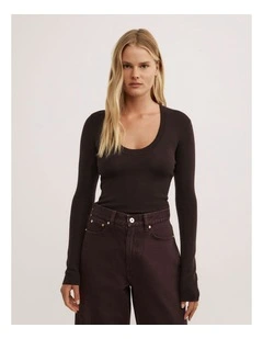 Merino Scoop Neck Knit Top in Espresso