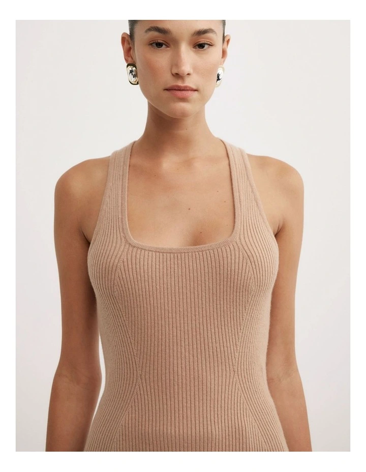 Knit Rib Tank Top in Camel image 3