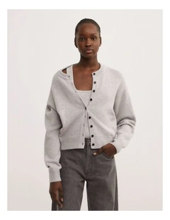 Crew Neck Button Cardigan in Light Grey Marle