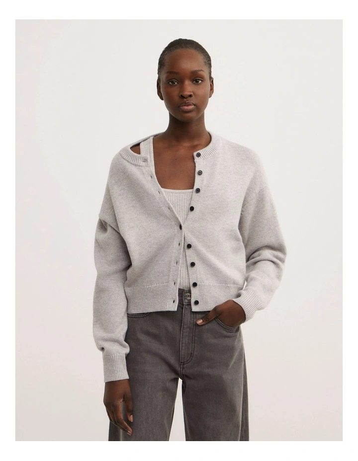 Crew Neck Button Cardigan in Light Grey Marle image 1
