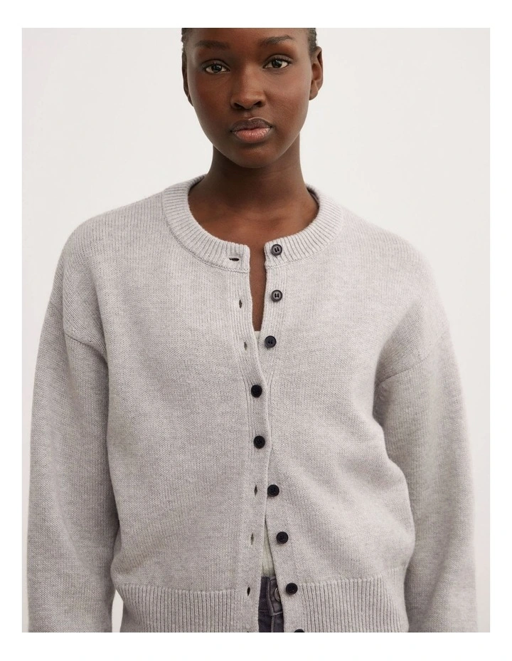 Crew Neck Button Cardigan in Light Grey Marle image 3