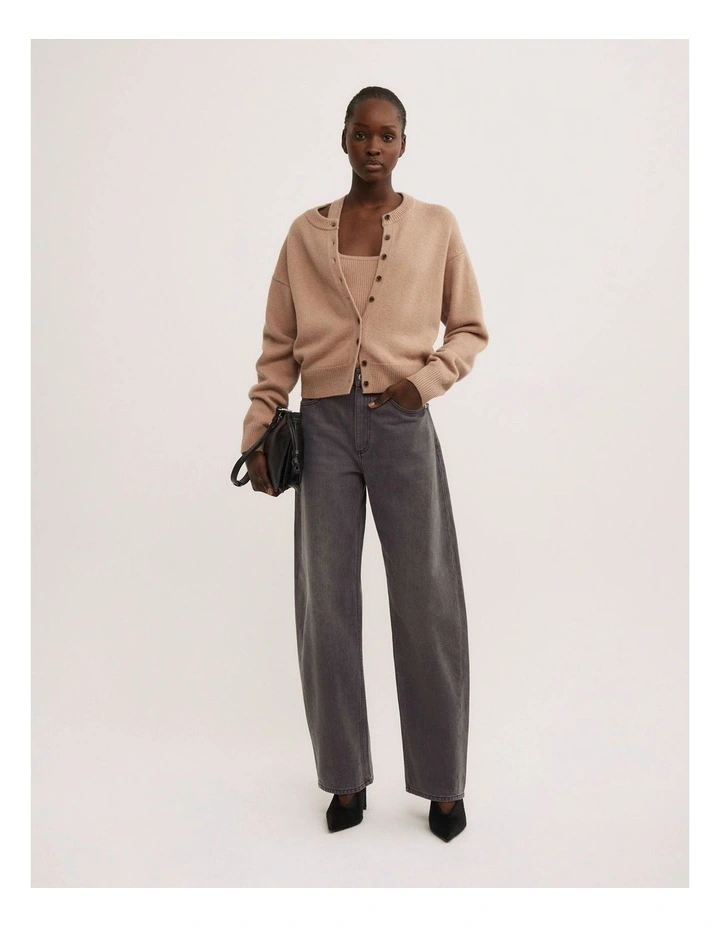 Crew Neck Button Cardigan in Camel image 2