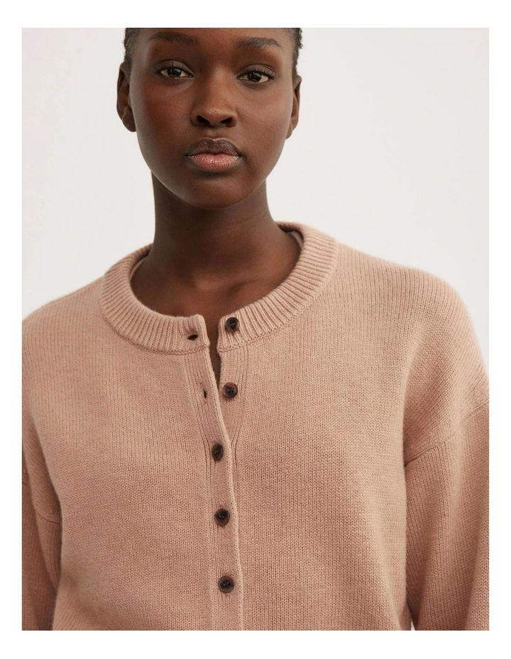 Crew Neck Button Cardigan in Camel image 3