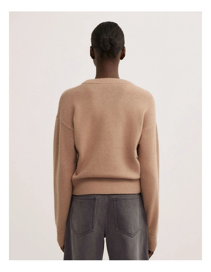 Crew Neck Button Cardigan in Camel image 4