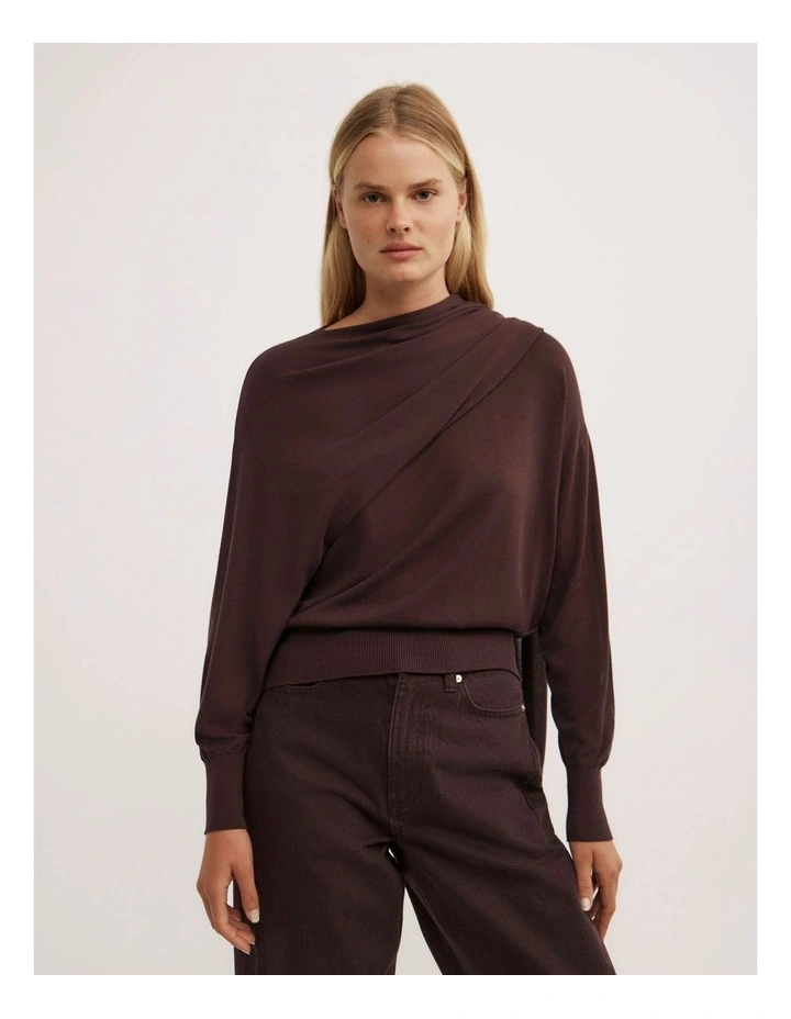 Crew Neck Scarf Knit Top in Espresso image 1