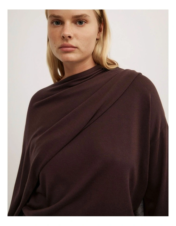 Crew Neck Scarf Knit Top in Espresso image 3