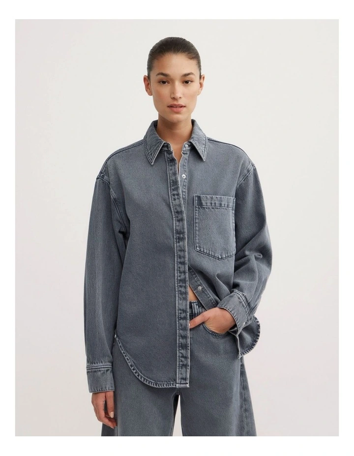 Boxy Long Sleeve Denim Shirt in Steel Blue image 1