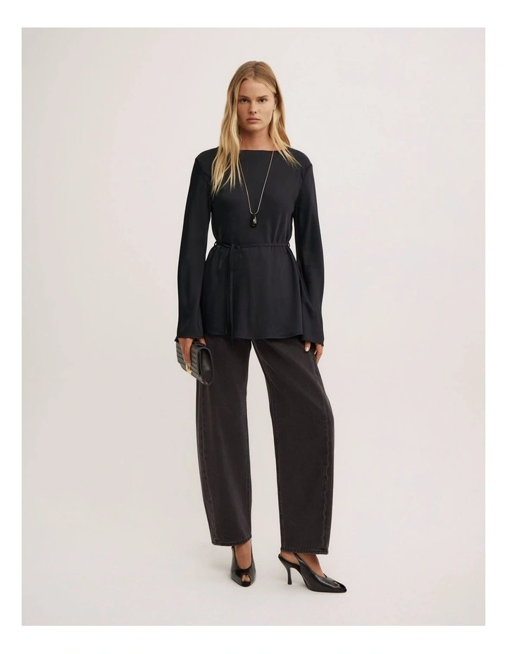 Satin Boat Neck Top in Black image 2