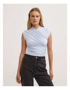 Gather Wrap Bodysuit in Pale Blue