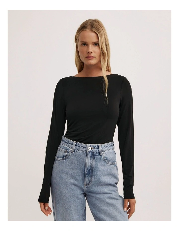 Draped Back Long Sleeve Top in Black image 5