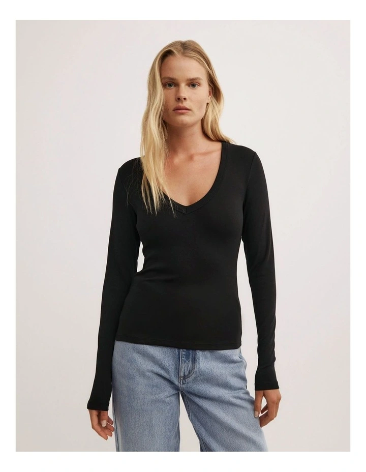 V Neck Long Sleeve Top in Black image 1