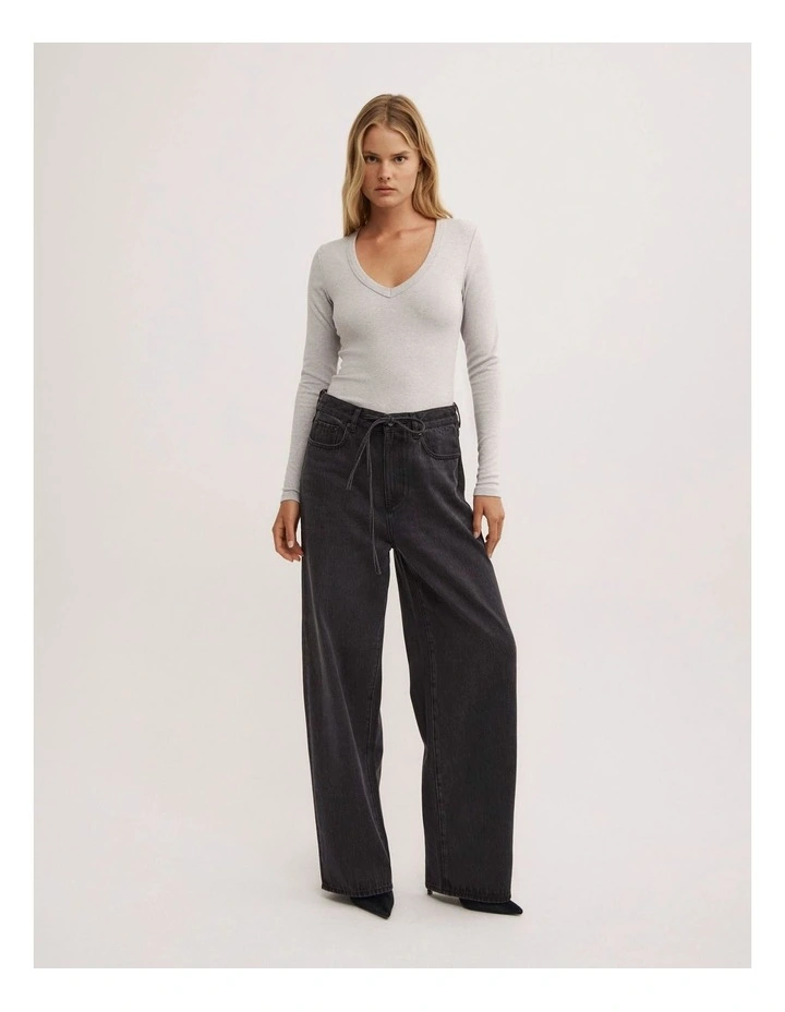 V Neck Long Sleeve Top in Light Grey Marle image 2