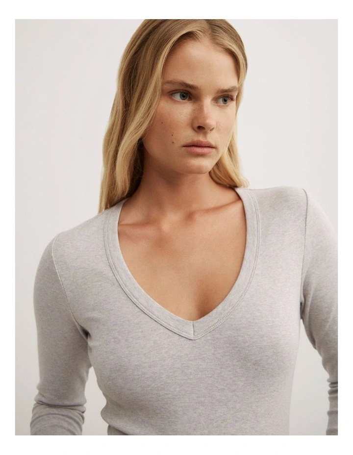 V Neck Long Sleeve Top in Light Grey Marle image 3