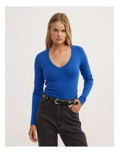 V Neck Long Sleeve Top in Cobalt