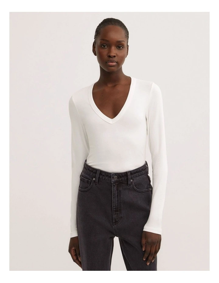 V Neck Long Sleeve Top in Fresh White image 1