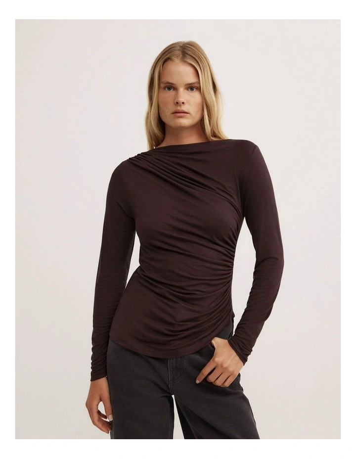 Draped Jersey Long Sleeve Top in Espresso image 1