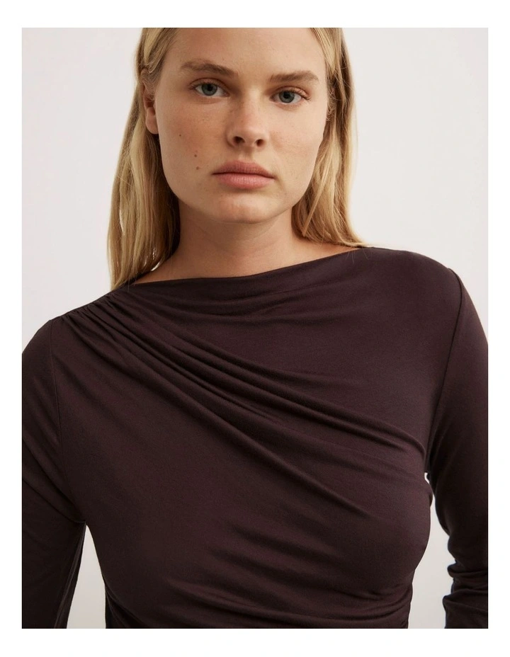 Draped Jersey Long Sleeve Top in Espresso image 3
