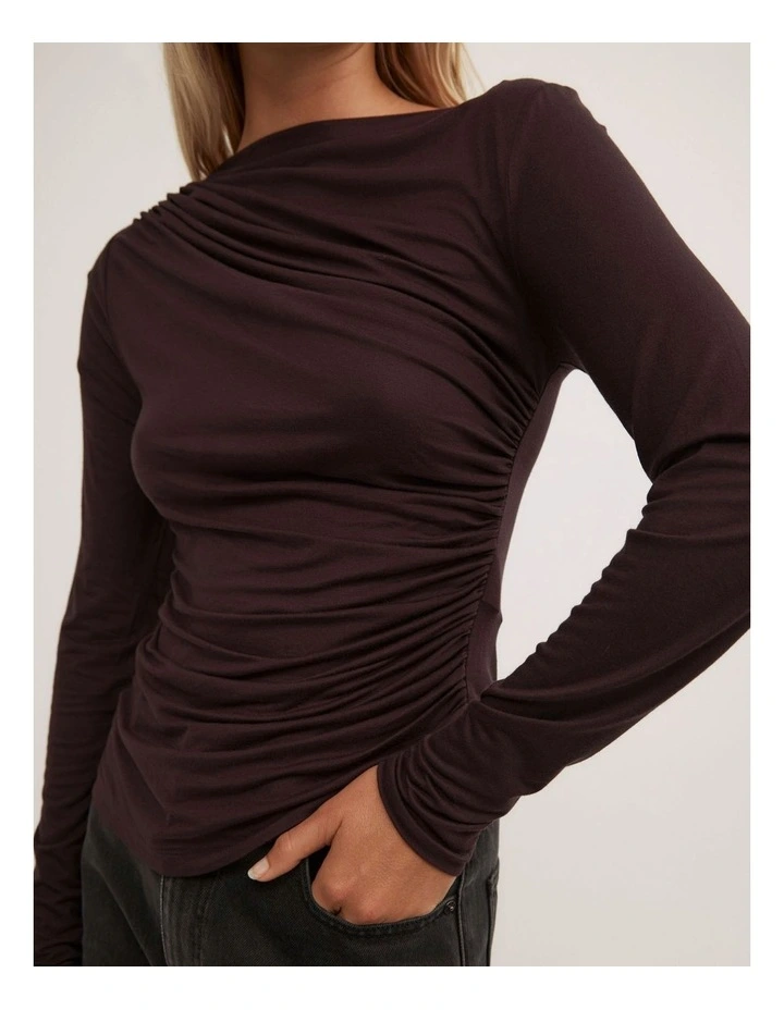 Draped Jersey Long Sleeve Top in Espresso image 4
