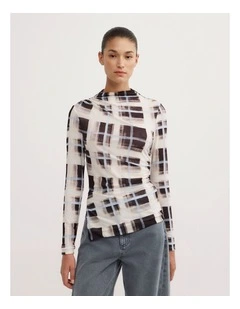 Asymmetric Mesh Long Sleeve Top in Painterly Check
