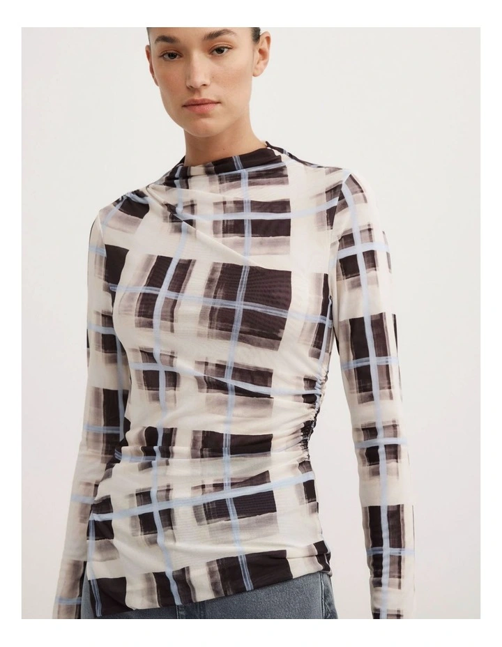 Asymmetric Mesh Long Sleeve Top in Painterly Check image 3