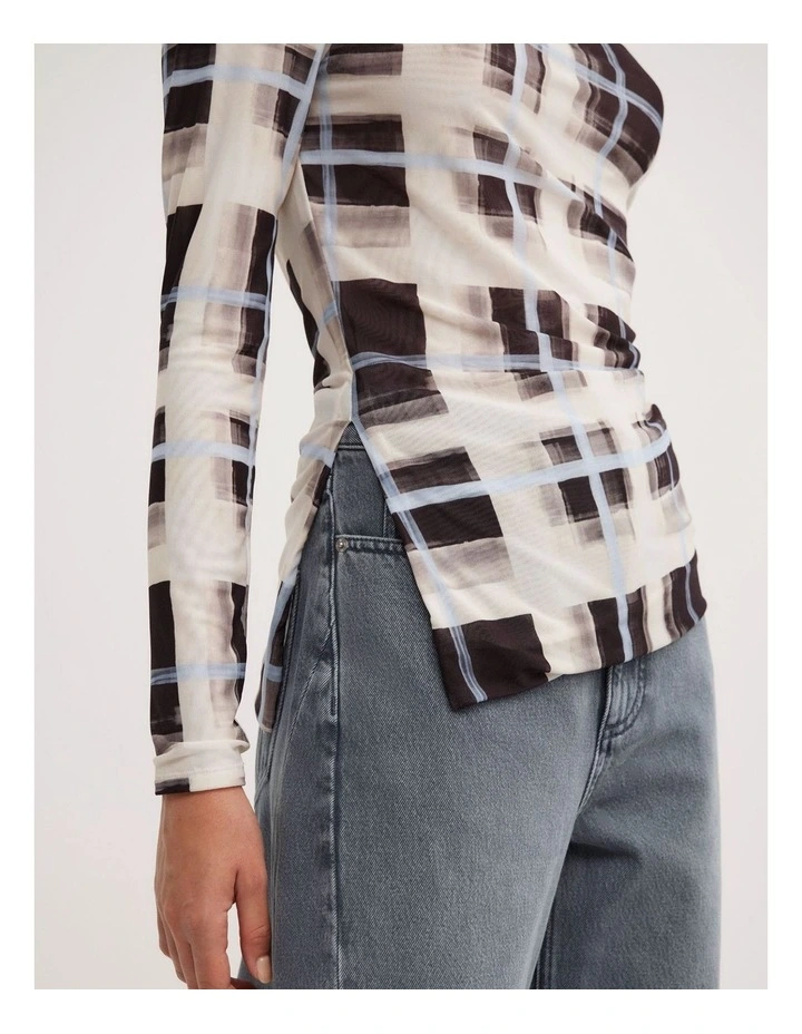 Asymmetric Mesh Long Sleeve Top in Painterly Check image 4