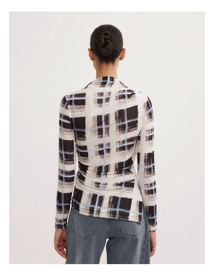 Asymmetric Mesh Long Sleeve Top in Painterly Check image 5