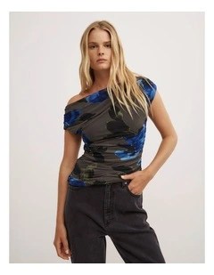 Off Shoulder Mesh Top in Multicolour Floral