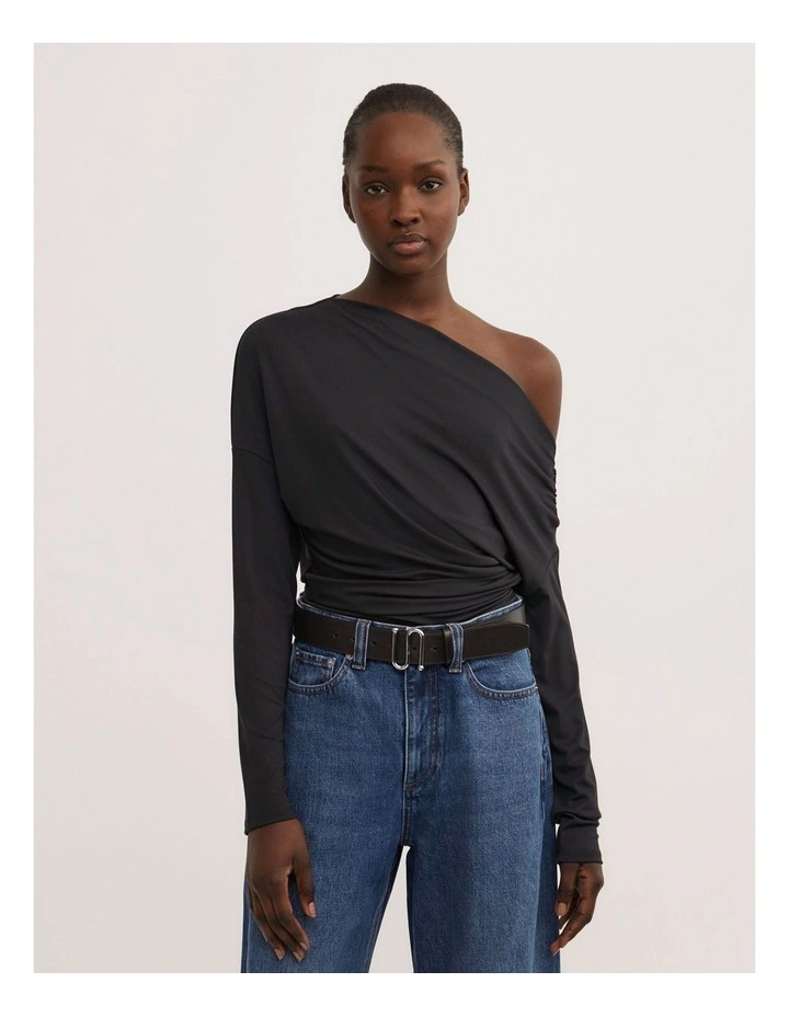 Asymmetric Draped Long Sleeve Top in Black image 1