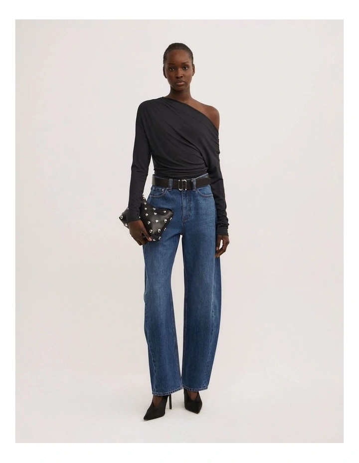 Asymmetric Draped Long Sleeve Top in Black image 2