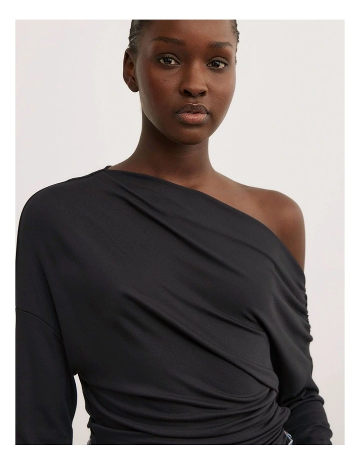 Asymmetric Draped Long Sleeve Top in Black image 3