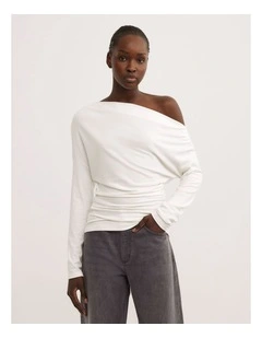 Asymmetric Draped Long Sleeve Top in Fresh White