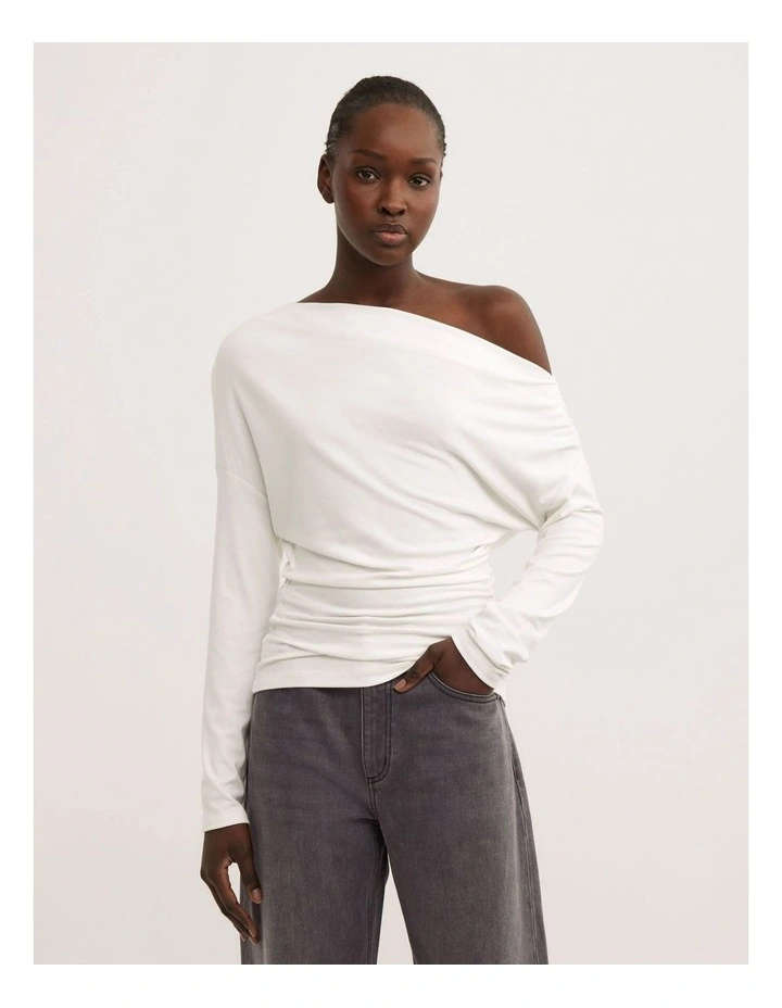 Asymmetric Draped Long Sleeve Top in Fresh White image 1