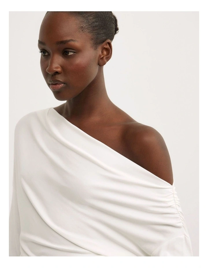 Asymmetric Draped Long Sleeve Top in Fresh White image 3