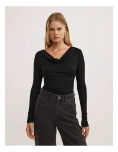 Cowl Neck Long Sleeve Top in Black