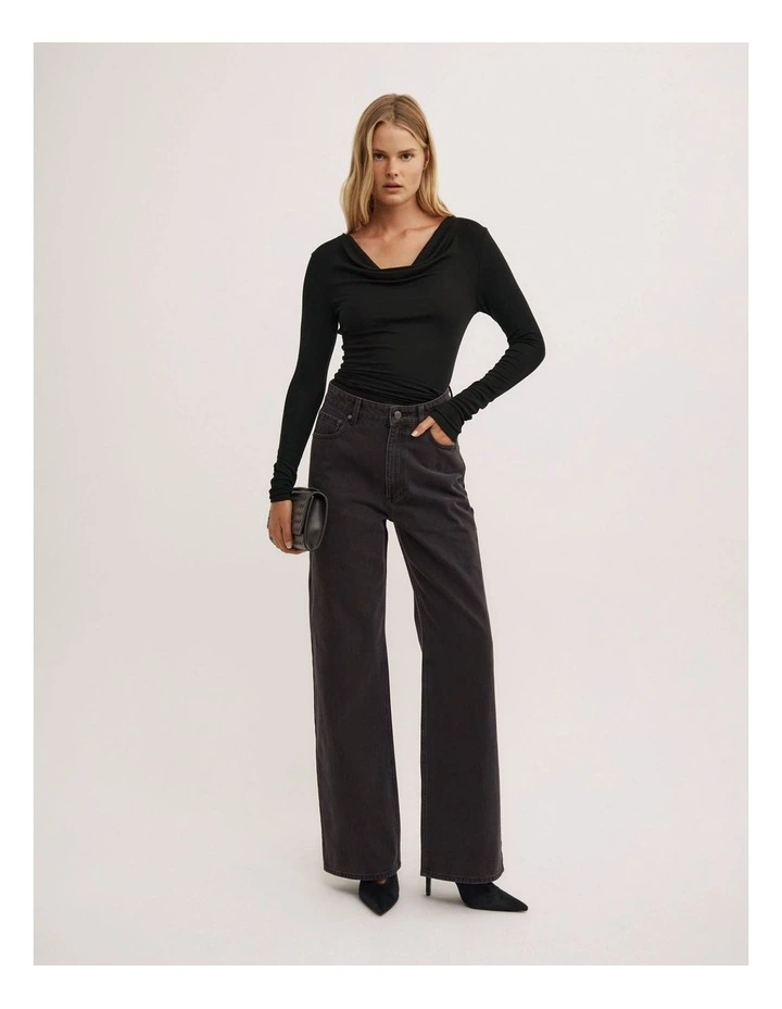 Cowl Neck Long Sleeve Top in Black image 2