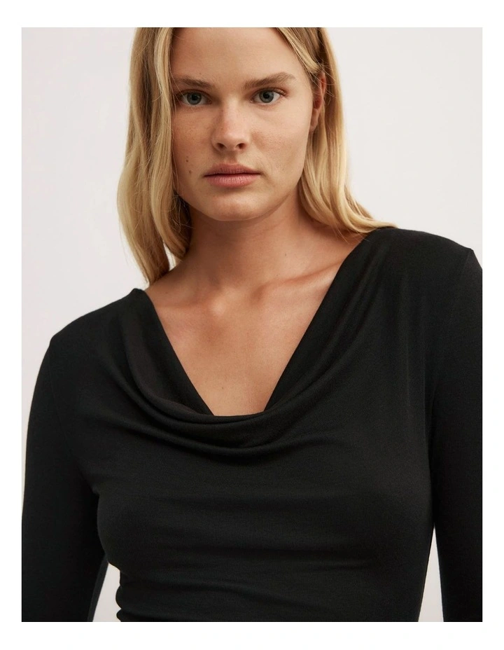 Cowl Neck Long Sleeve Top in Black image 3