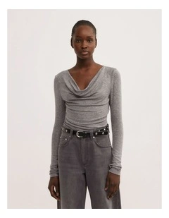 Cowl Neck Long Sleeve Top in Mid Grey Marle