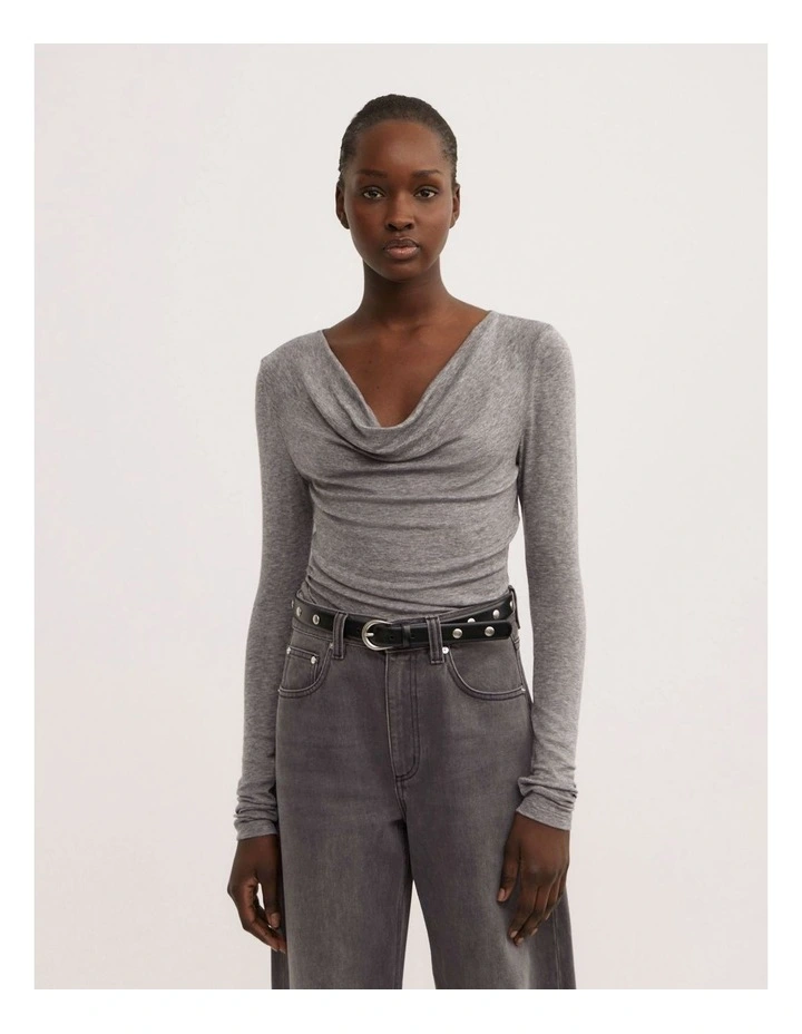 Cowl Neck Long Sleeve Top in Mid Grey Marle image 1