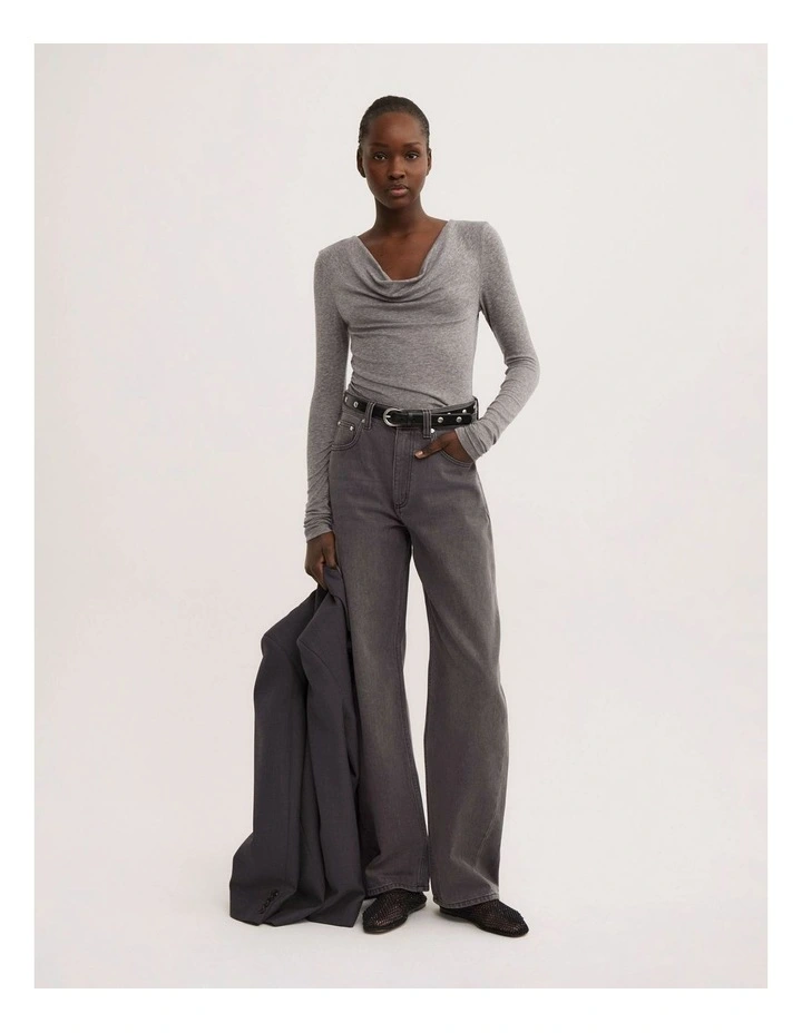 Cowl Neck Long Sleeve Top in Mid Grey Marle image 2