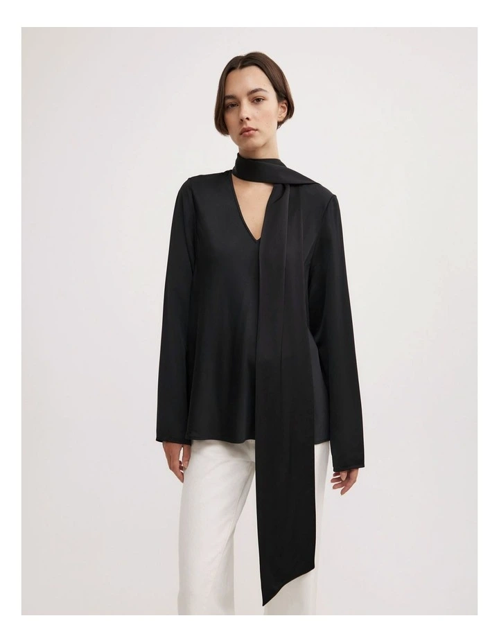 Long Sleeve V-Neck Scarf Top in Black image 1