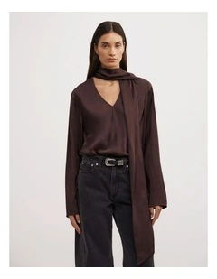 Long Sleeve V-Neck Scarf Top in Espresso