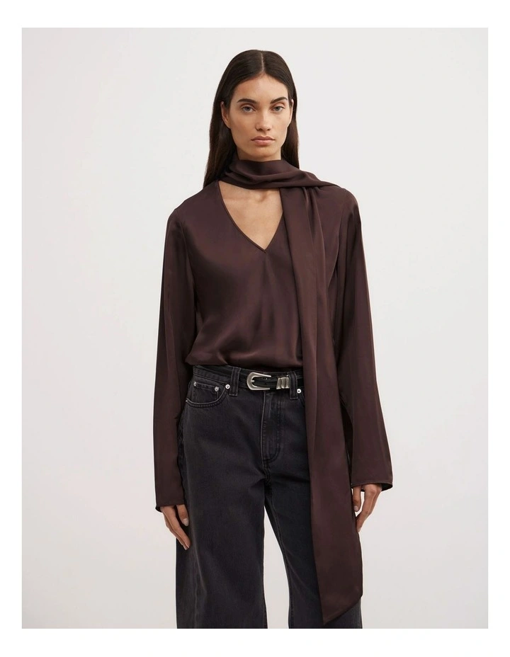 Long Sleeve V-Neck Scarf Top in Espresso image 1