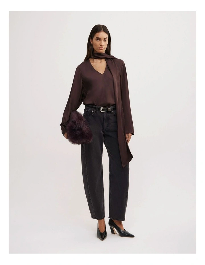 Long Sleeve V-Neck Scarf Top in Espresso image 2