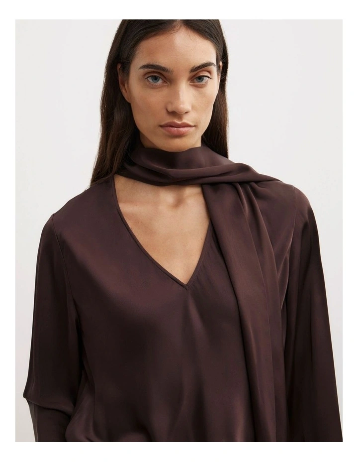 Long Sleeve V-Neck Scarf Top in Espresso image 3
