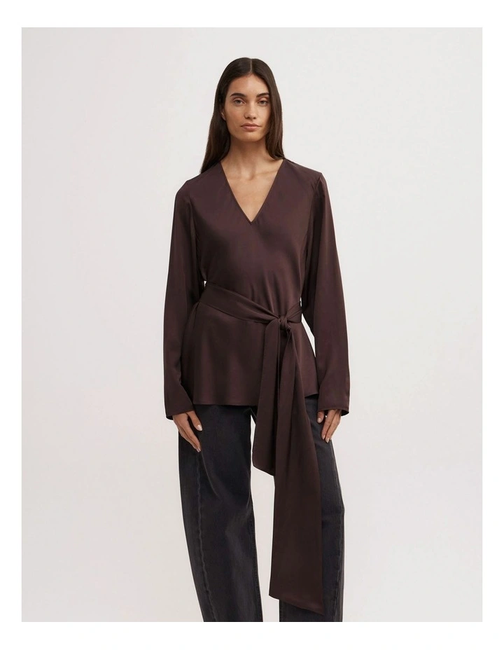 Long Sleeve V-Neck Scarf Top in Espresso image 4