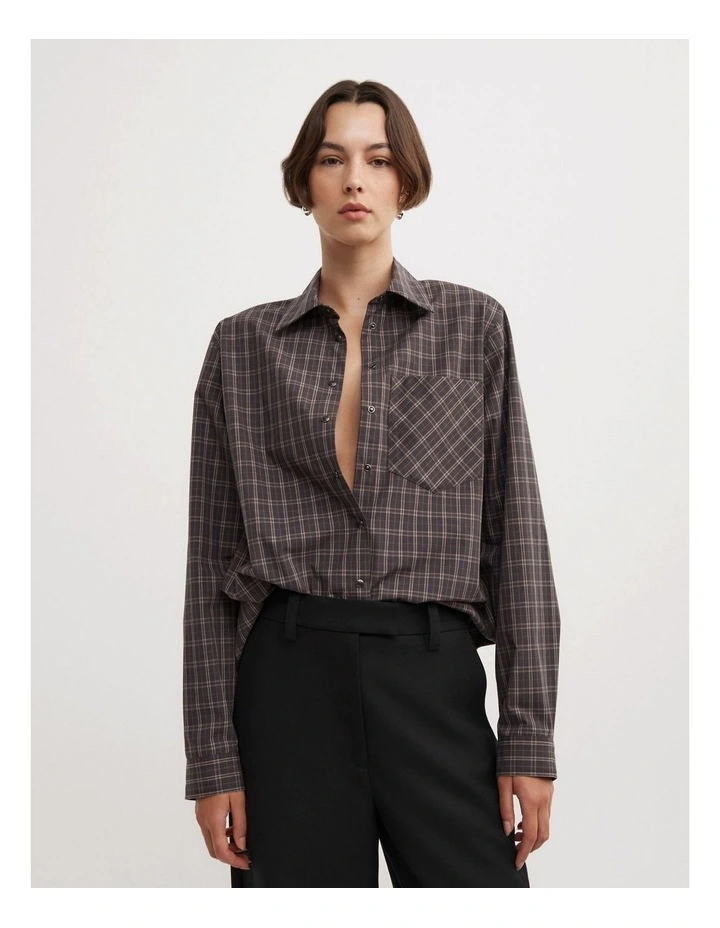 Shoulder Pad Shirt in Brown Check image 1