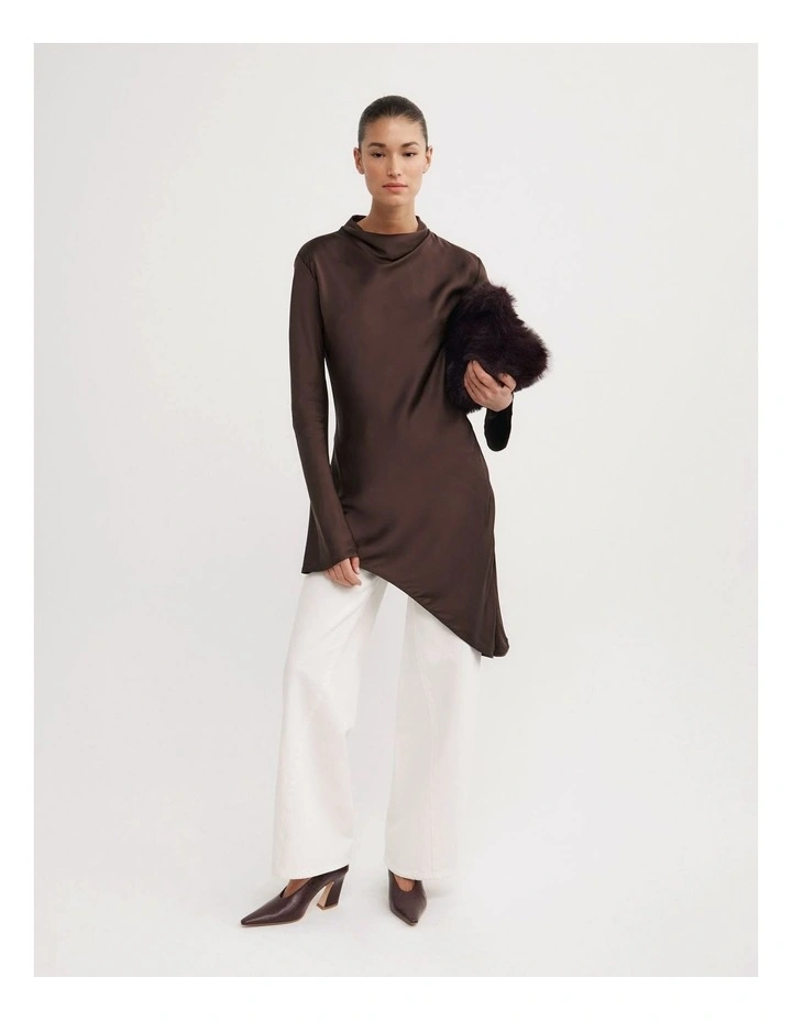 Long Sleeve Asymmetric Hem Tunic in Espresso image 2