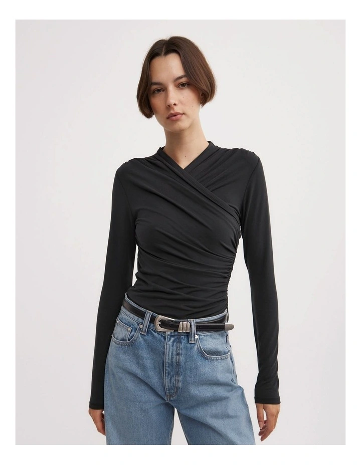 Wrap Long Sleeve Jersey Top in Black image 1